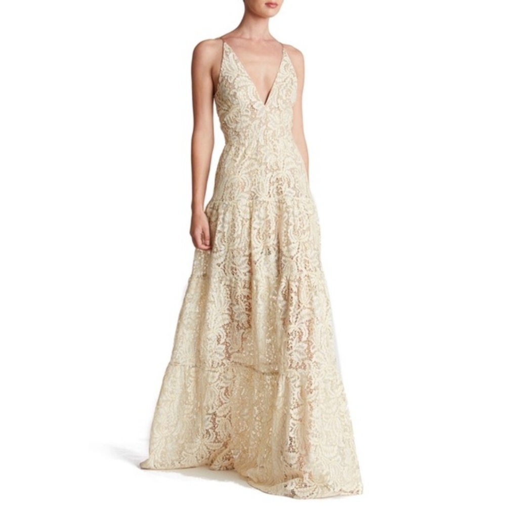 Dress The Population  Wedding Dress Cream/ Gold Lace Maxi Gown